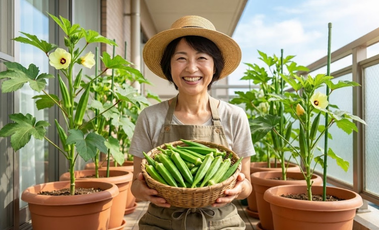 ベランダのプランター家庭菜園で収穫した新鮮なオクラを持つ笑顔の女性
